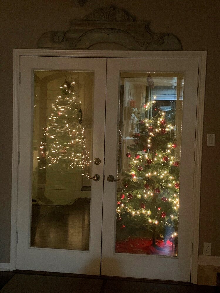 simple vintage outdoor Christmas tree with red plastic decorations and simple lights reflected in door at night