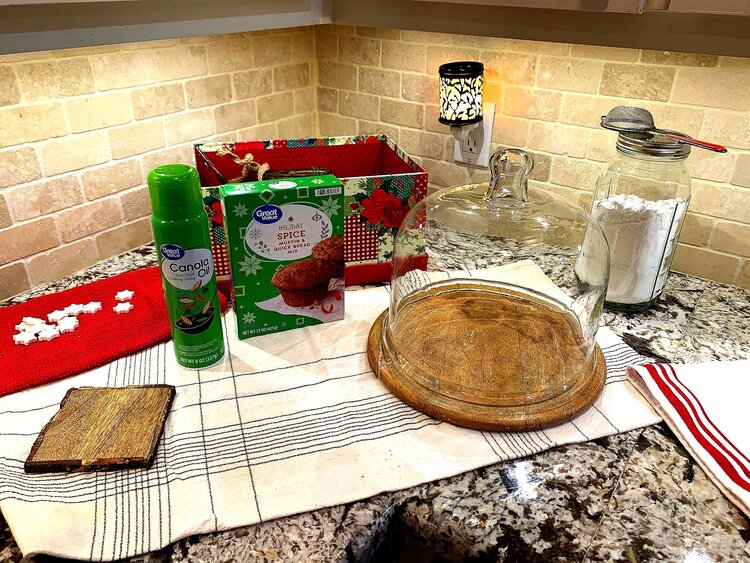 holiday spice cake mix and wooden plate with glass dome cooking spray for Christmas