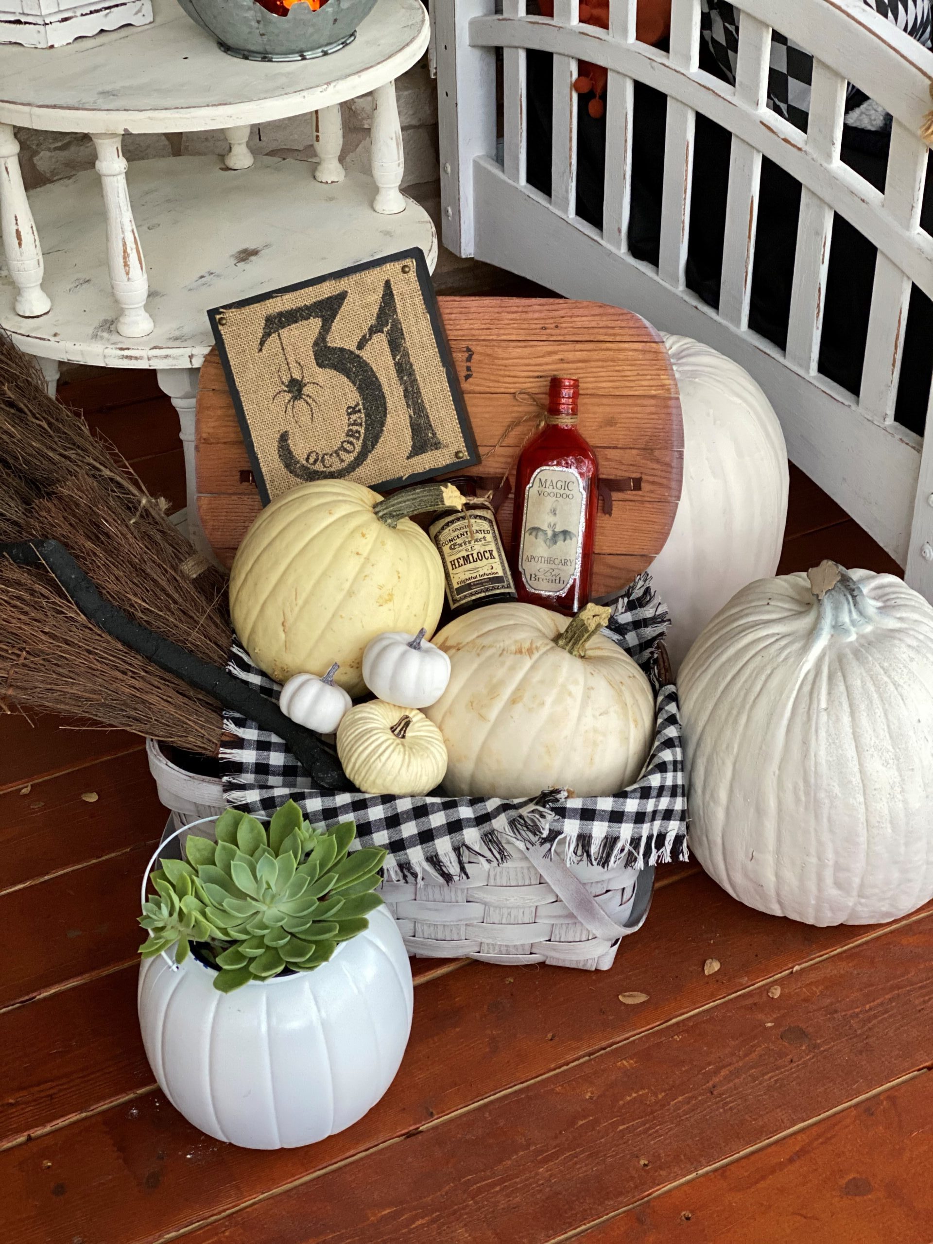 Halloween Front Porch Decorations, Vintage Rustic Front Porch, White Pumpkins, Witches Broom, October 31