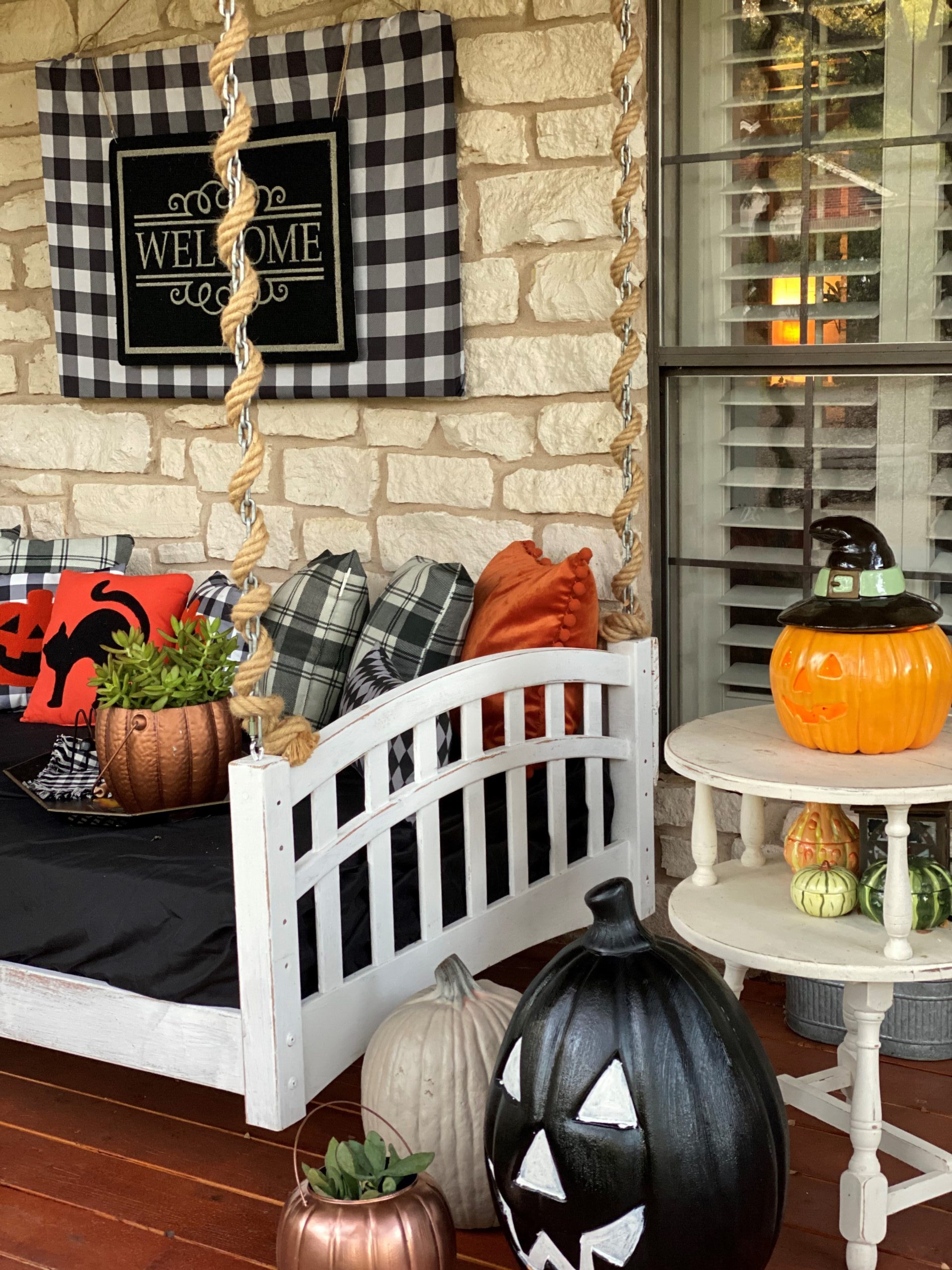 Halloween Front Porch Decorations, Vintage Rustic Front Porch, Black and White Decorations, Black and White Buffalo Check, Welcome Sign