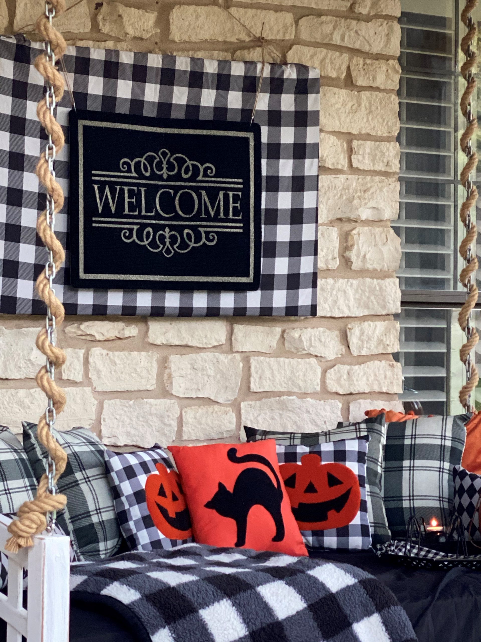 Halloween Front Porch Decorations, Vintage Rustic Front Porch, DIY Welcome Sign, Black and White Buffalo Check, Halloween Pillows